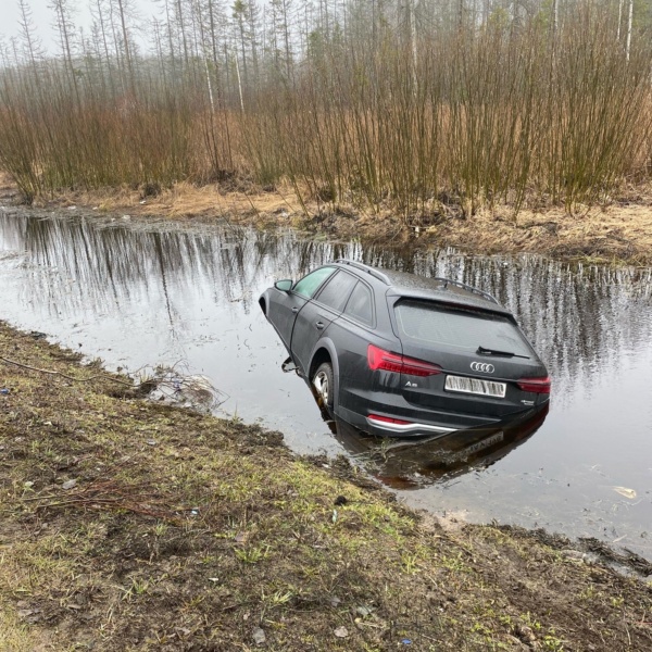 На Южном полукольце недалеко от Тосно Audi улетела в кювет с водой